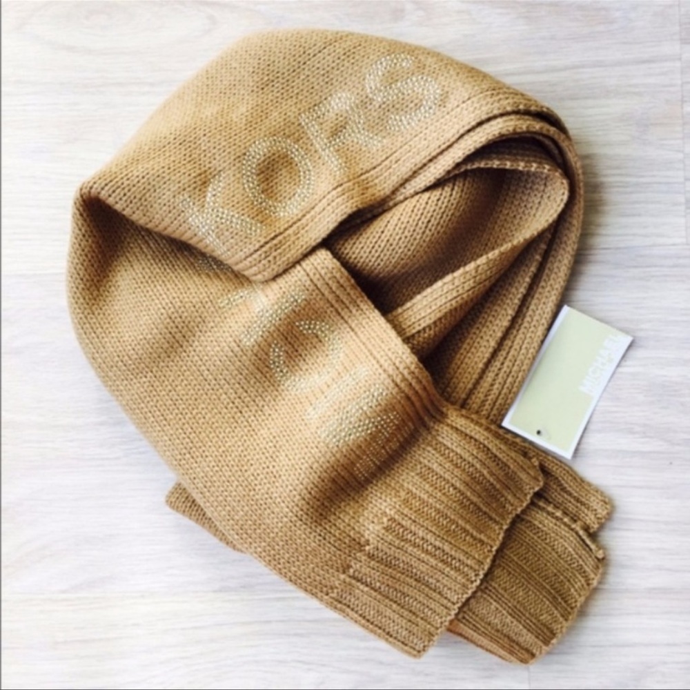 Michael Kors Heat Seal Studded Logo Scarf in color caramel beige NWT - Picture 1 of 2